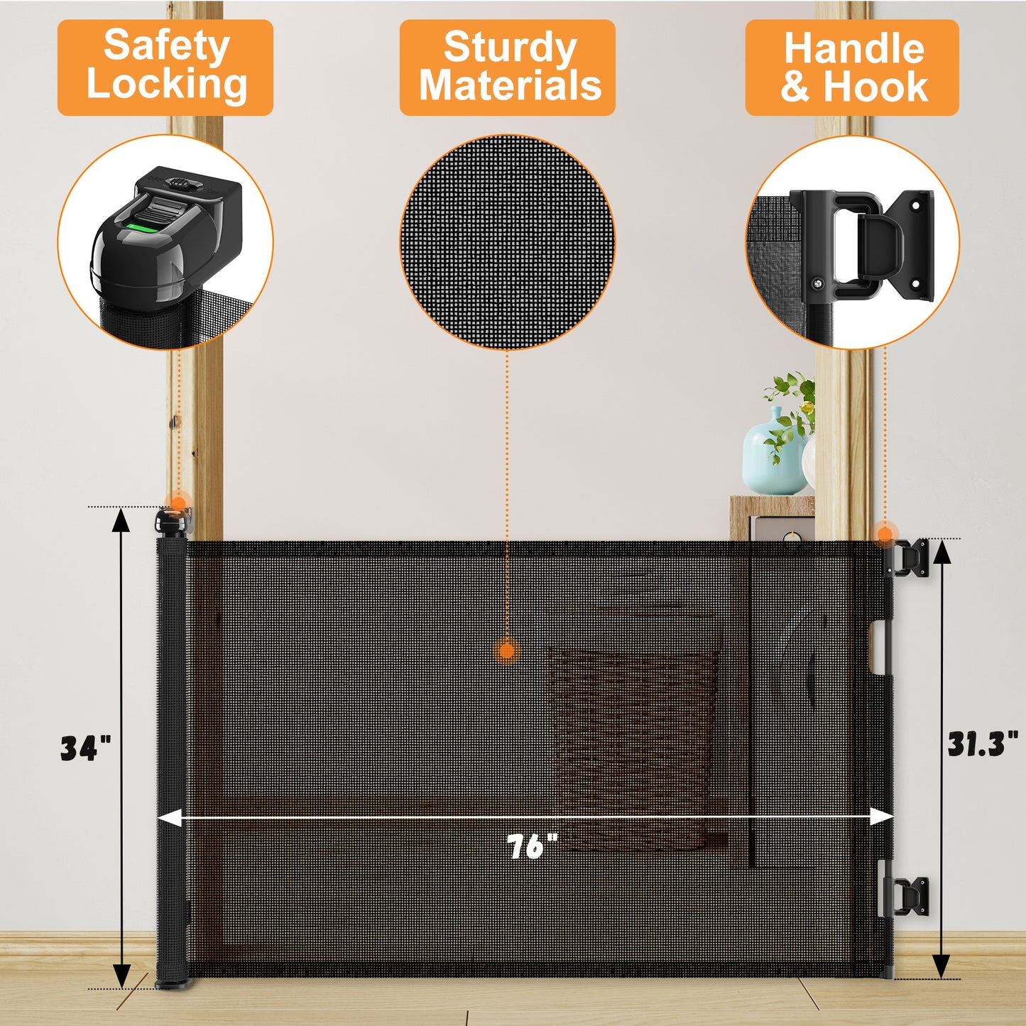 Retractable Baby Gate, Mesh Dog Gate For Doorways, Extends Up To 76  Wide, 33  Tall Child Safety Gate For Doorways, Indoor & Outdoors, Stairs, Hallways, Black Non-EBAY Certified Warehouse